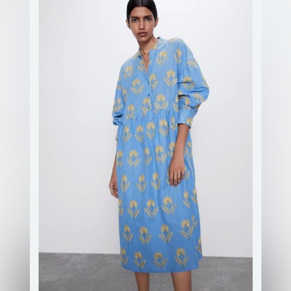 Zara Dresses & Skirts - Zara Blue and Yellow Floral Long Sleeve Dress embroidered